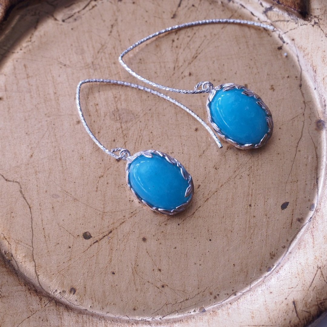 天河石 手工纯银 桂冠叶造型 耳环 Amazonite laurel silver - 耳环/耳夹 - 半宝石 蓝色