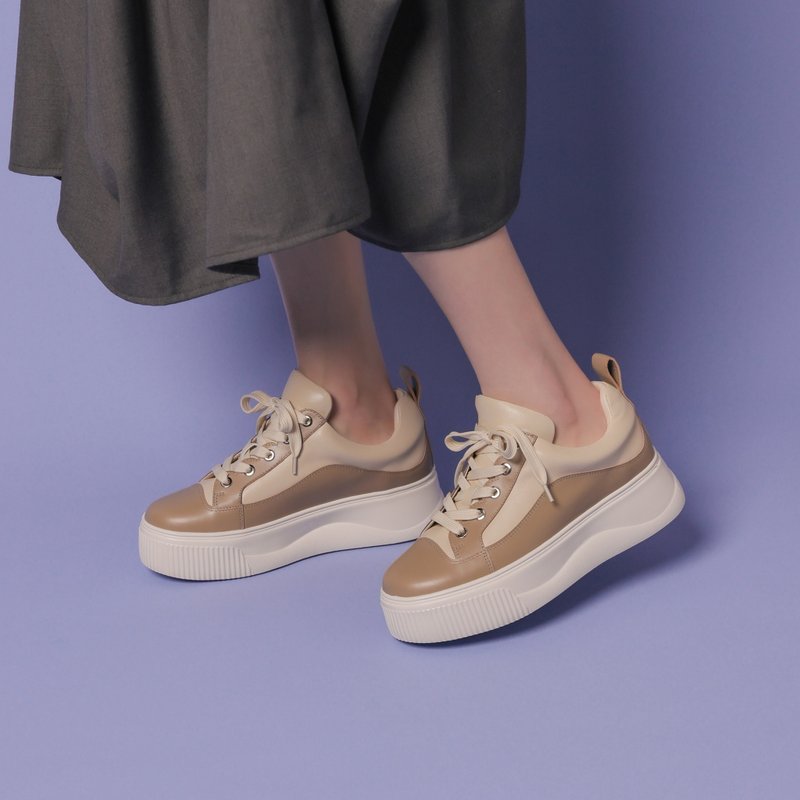 立体鞋口-绑带厚底鞋-卡其色 - 女款休闲鞋 - 真皮 卡其色