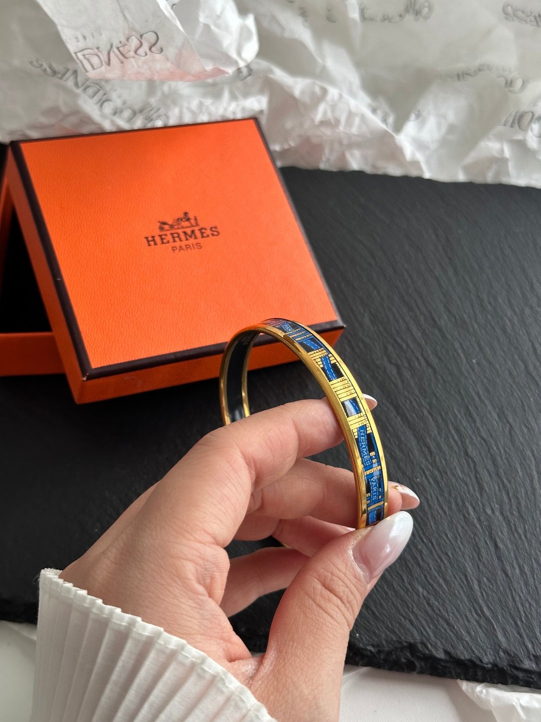 中古品 Hermès 爱马仕 丝带印花珐琅手环 - 手链/手环 - 其他金属 金色