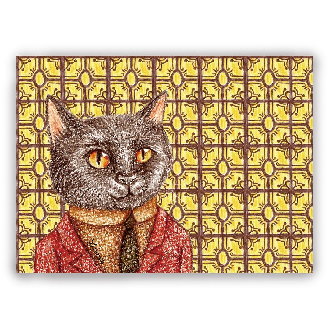 手绘插画万用卡/明信片/卡片/插画卡--复古磁砖01+红西装黑猫 - 卡片/明信片 - 纸 