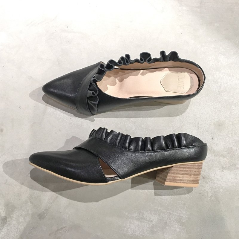 深海 - 泡泡糖珊瑚 Bubblegum Coral - 黑 - 荷叶边手制皮革凉鞋 - 女款休闲鞋 - 真皮 黑色