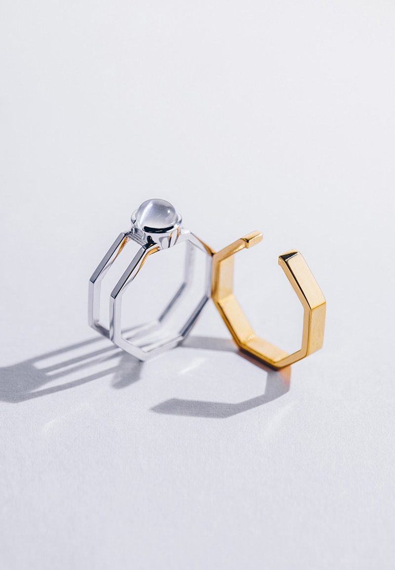 ACROPOLIS | 月光石八角形套戒/情侶戒指/婚戒 - 对戒 - 宝石 多色