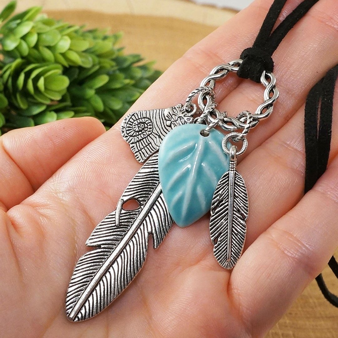 Silver Feather Turquoise Ceramic Leaf Cat Kitten Charm Pendant Necklace Jewelry - 项链 - 其他材质 银色