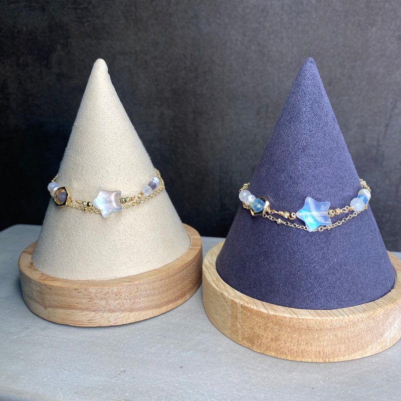 星星造型月光石搭配珍珠堇青石/海蓝宝14k包金双链手链手链J.Y.L - 手链/手环 - 水晶 白色