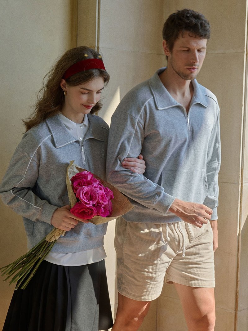 Kamila SR Logo 刺繡翻領衛衣 - 背带裤/连体裤 - 棉．麻 灰色