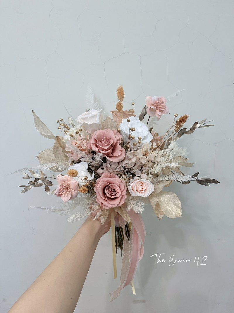 粉金色系永生花捧花 - 干燥花/捧花 - 植物．花 