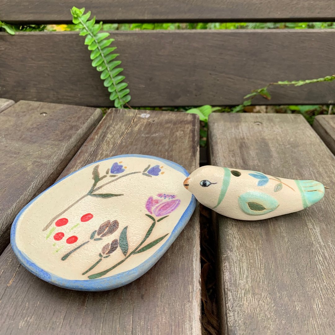 A Lu - 鸟及陶盘一组/花器/摆饰/扩香器/手做手绘 仅此一 - 摆饰 - 陶 多色