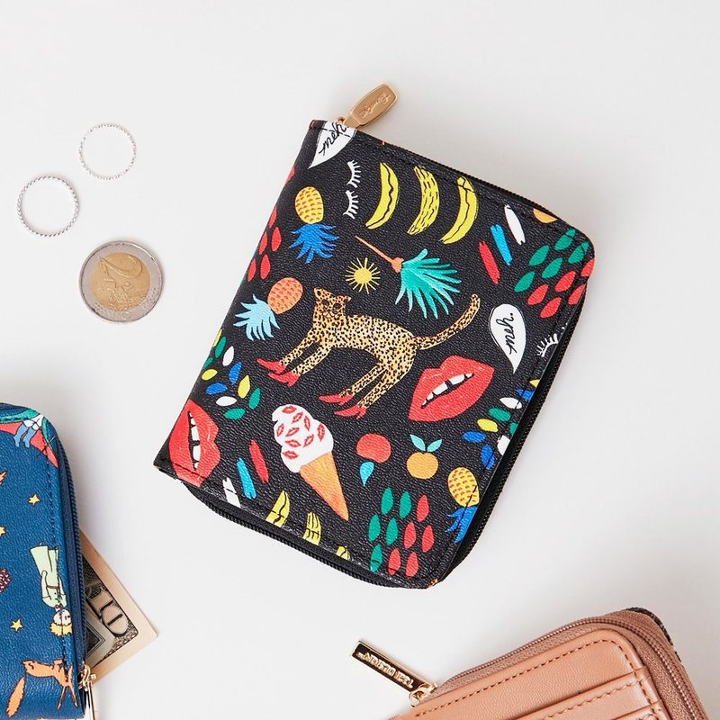 7321-BBH彩绘皮革拉链短皮夹-热带丛林,73D88520 - 皮夹/钱包 - 真皮 黑色