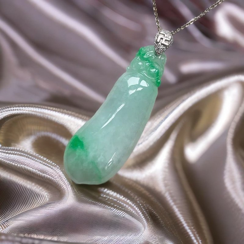 冰飘绿花翡翠福瓜项链 925纯银 | 天然缅甸玉翡翠A货 | 送礼 - 项链 - 玉石 绿色