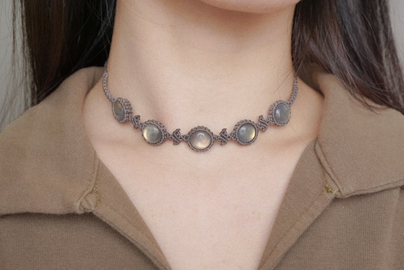 拉长石 蜡线编织颈绳 颈圈 - 颈链 - 宝石 卡其色