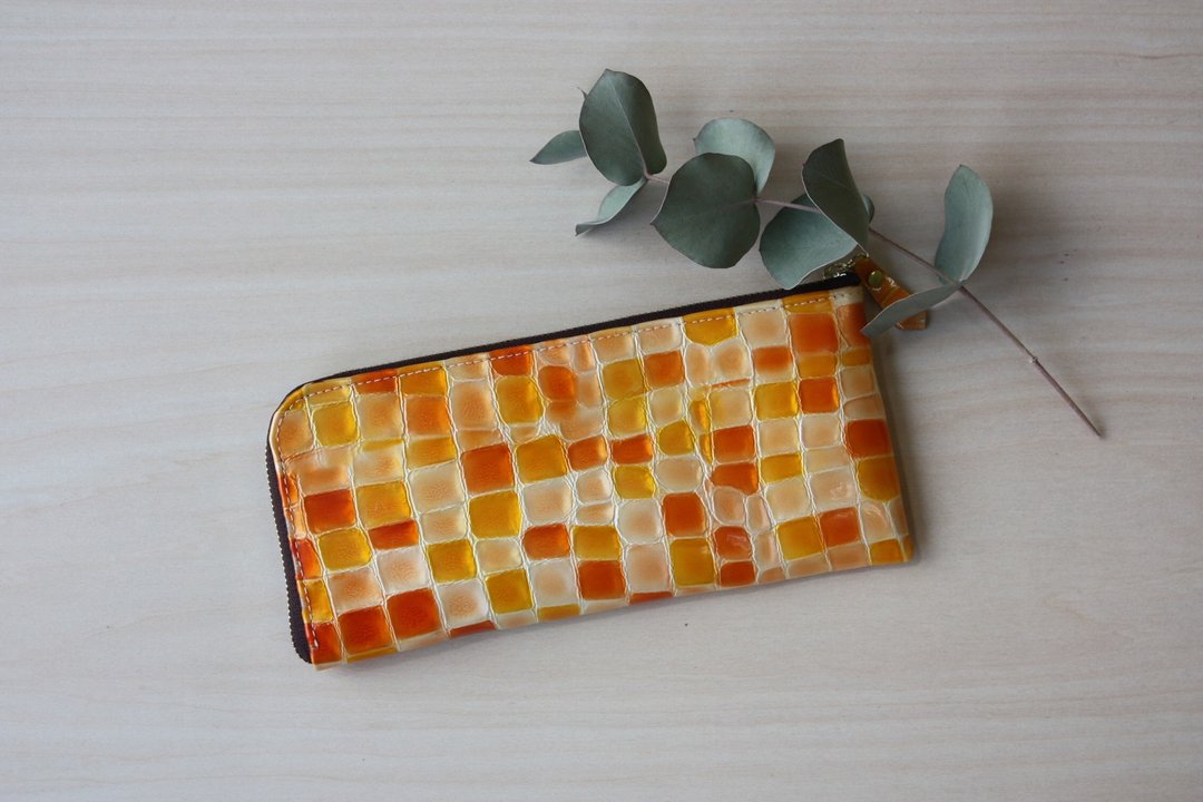 Slim long wallet with stained glass pattern orange - 皮夹/钱包 - 真皮 橘色