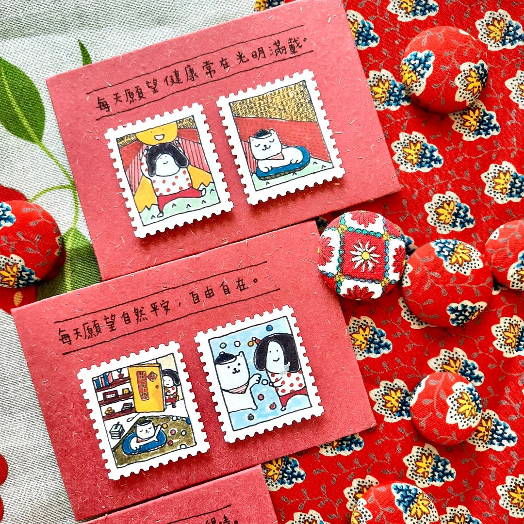谢谢每天心愿心意卡 / 新年贺卡红包 / 原创手绘邮票 / 书签 - 卡片/明信片 - 纸 红色