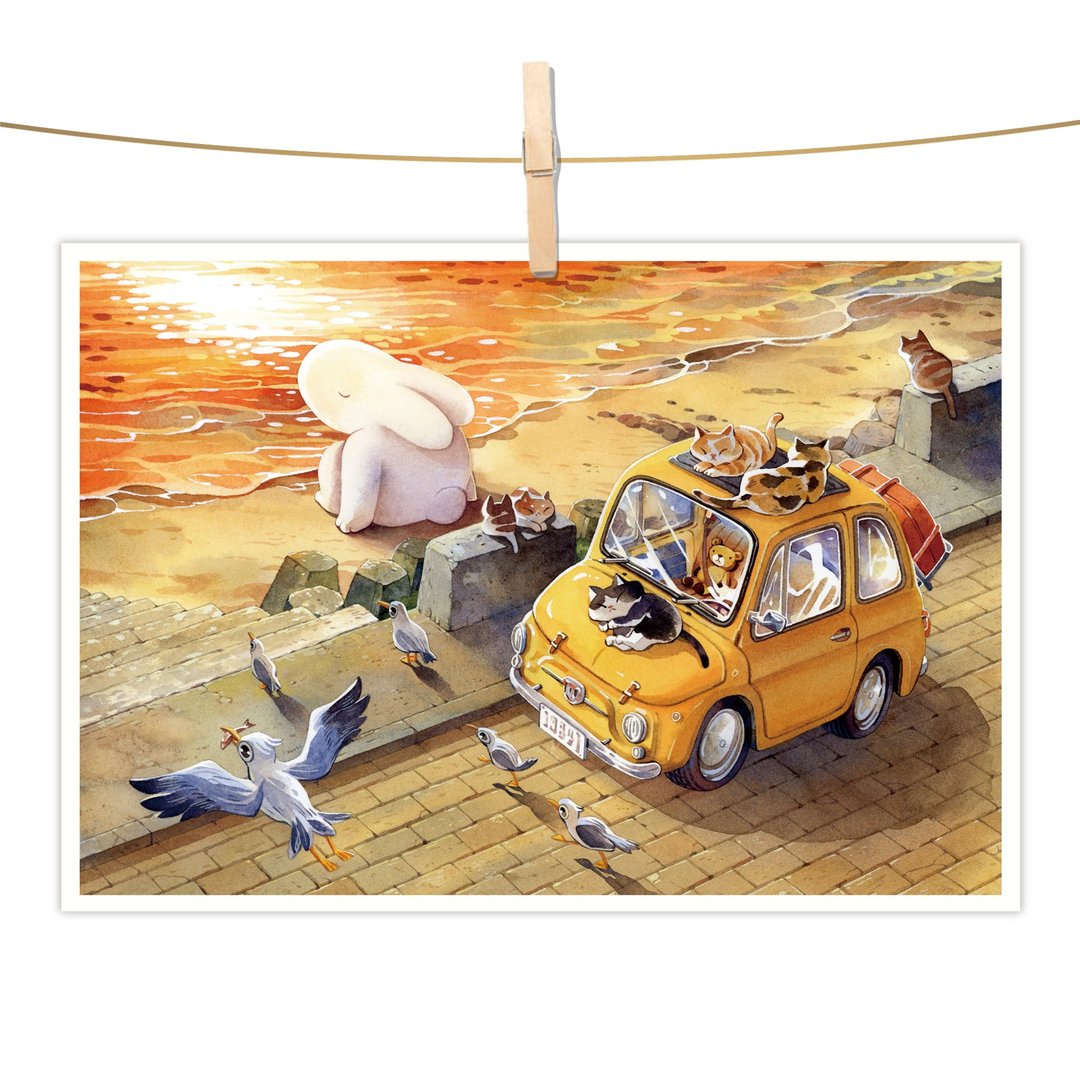 afu水彩插画明信片 - 金黄色的海 - 卡片/明信片 - 纸 