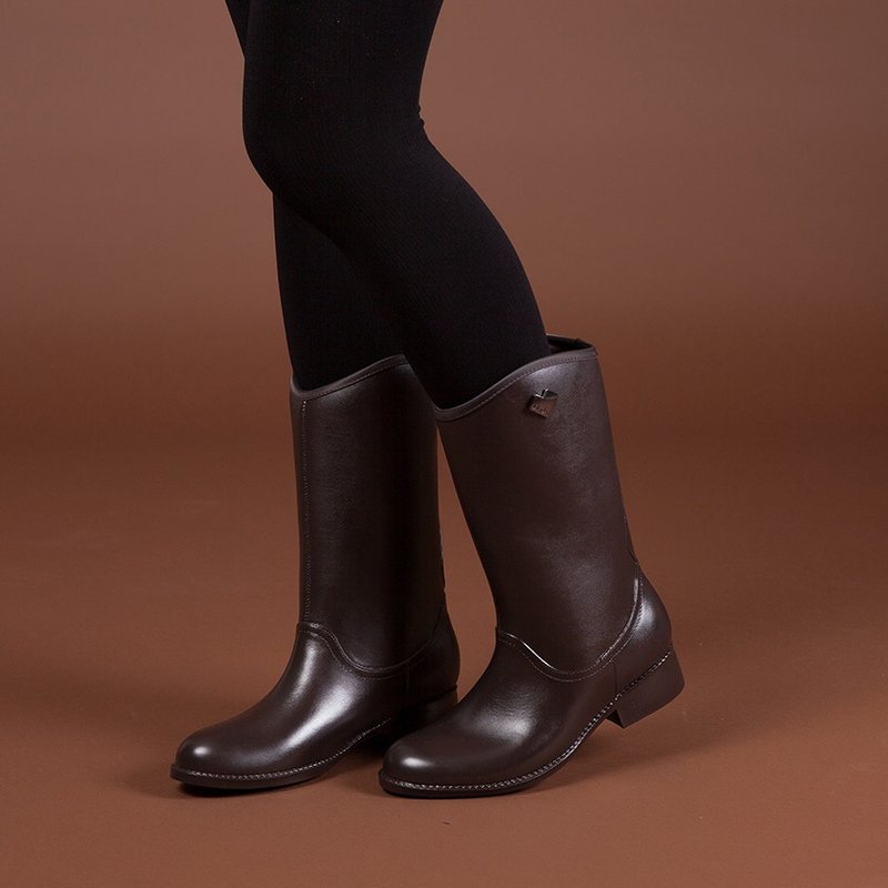 零码-【城市漫游】U口修饰型皮感中筒雨靴_巧克力咖(建议小半号) - 雨鞋/雨靴 - 防水材质 咖啡色