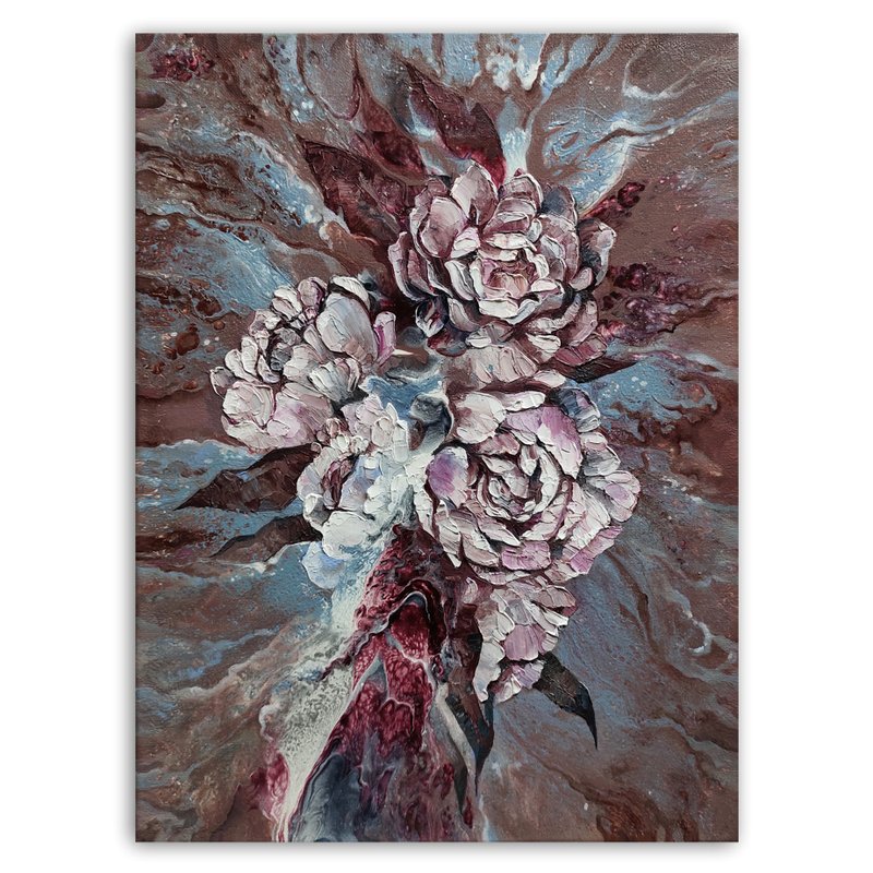 Peony painting flower hand-painted original art impasto oil painting fluid art - 海报/装饰画/版画 - 其他材质 粉红色