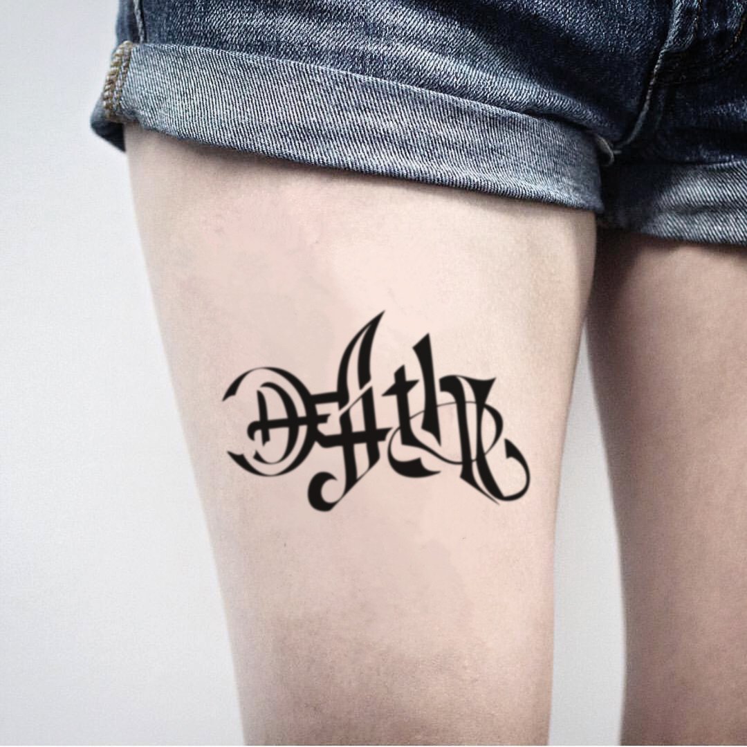 OhMyTat 死亡和生命双向英文字 Death & Life 图案纹身贴纸 (2张) - 纹身贴 - 纸 黑色