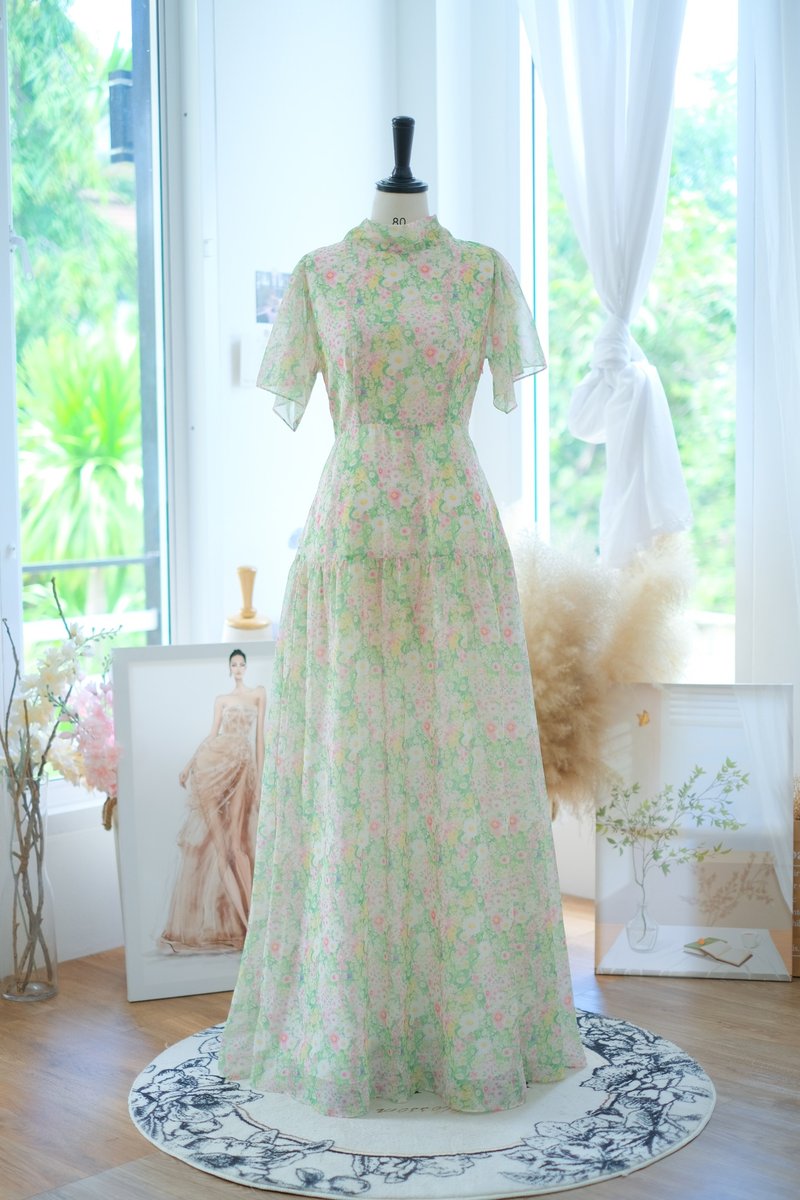 长洋装、复古风、印花洋装、派对洋装、伴娘洋装 - 洋装/连衣裙 - 聚酯纤维 绿色