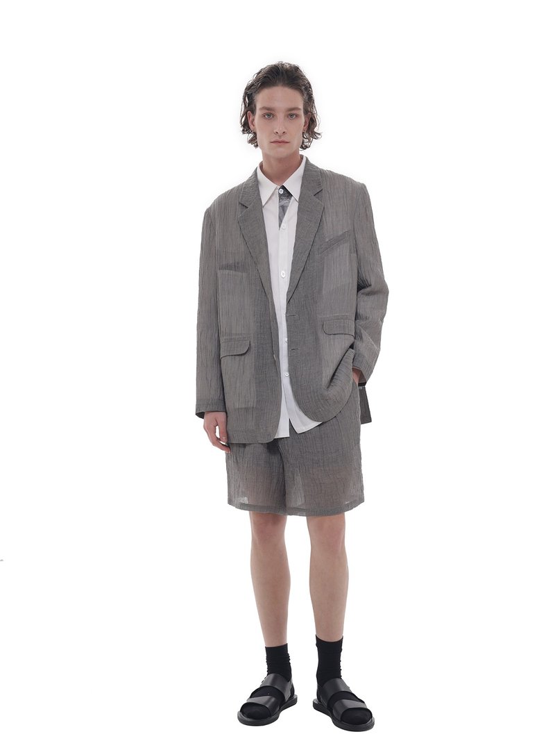 肌理褶皱黑色亚麻西装男女宽松休闲夏季薄款Astaroth设计师 - 男装西装外套 - 亚麻 