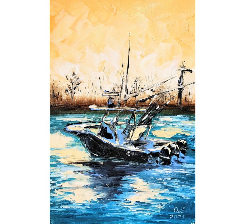 Boat Painting Seascape Original Artwork Oil Painting 30x20 cm/ 12 by 8 inch - 海报/装饰画/版画 - 棉 多色