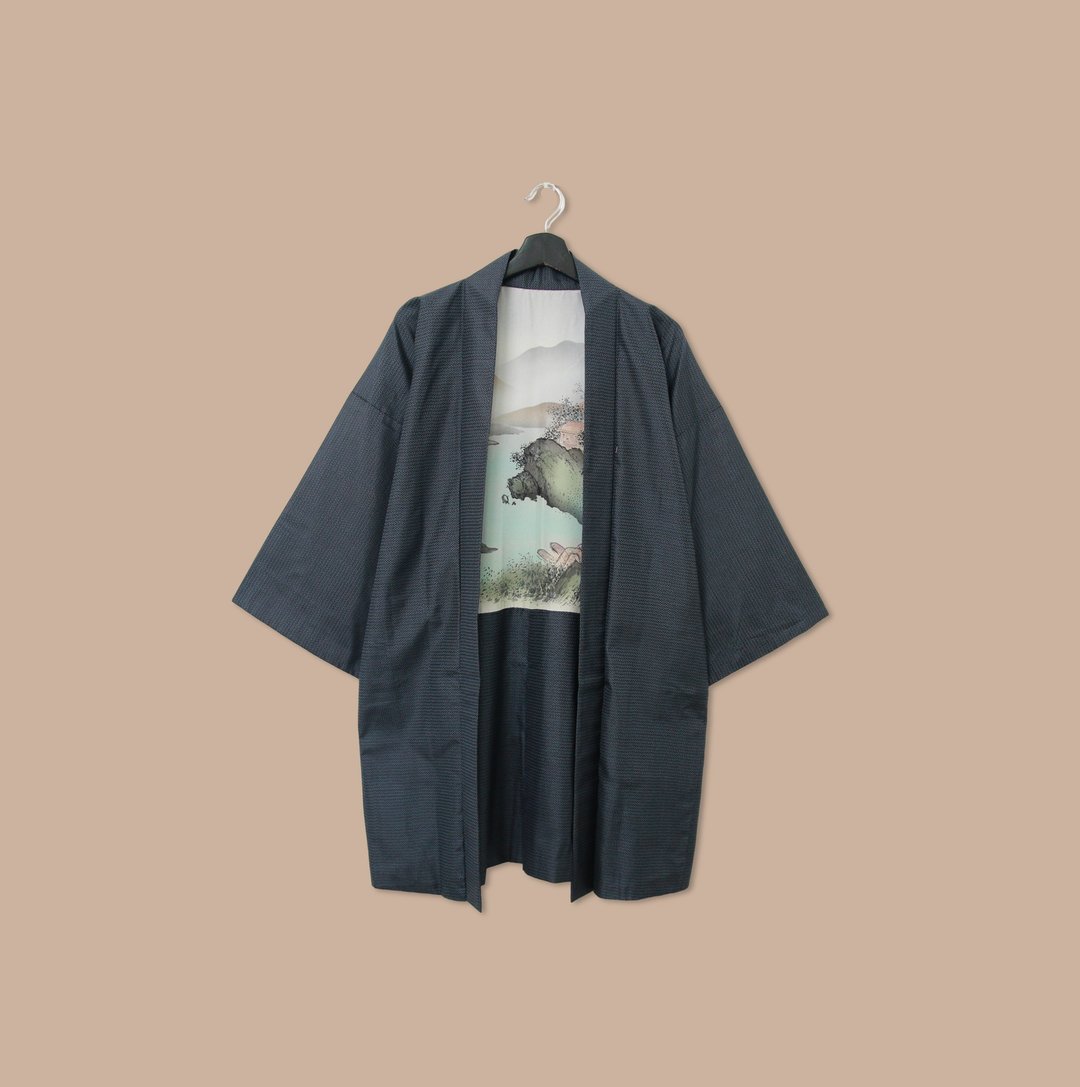 Back to Green-日本男款羽织 云雾 山河M-04/vintage kimono - 男装外套 - 丝．绢 