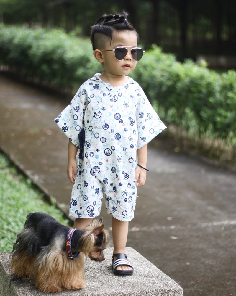 Cute Japanese Cotton Baby Boy Kimono Romper with Hoodie (18-24 months) - 其他 - 棉．麻 白色