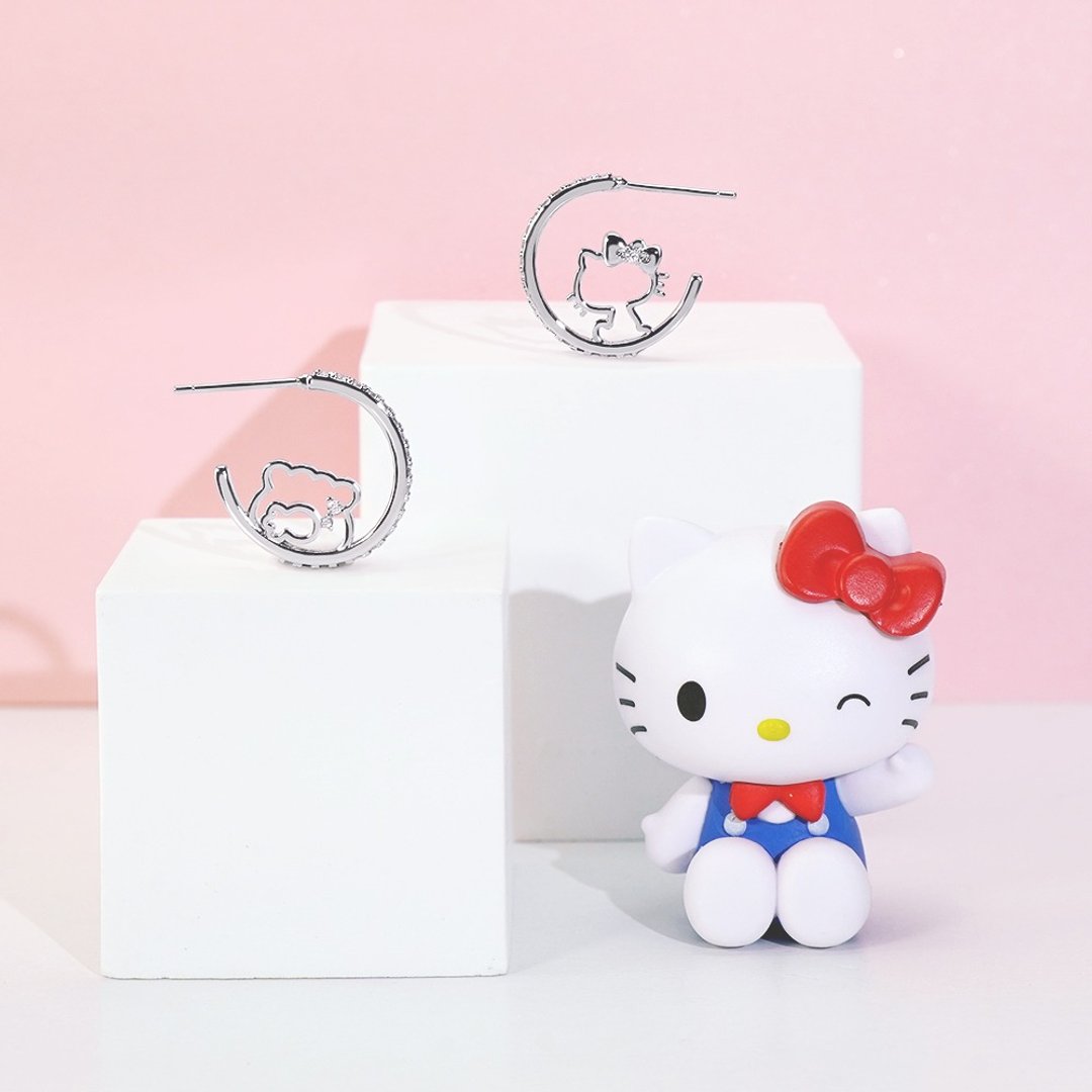 可爱 DNA 系列-Hello Kitty 晶钻造型耳环 - 耳环/耳夹 - 铜/黄铜 银色