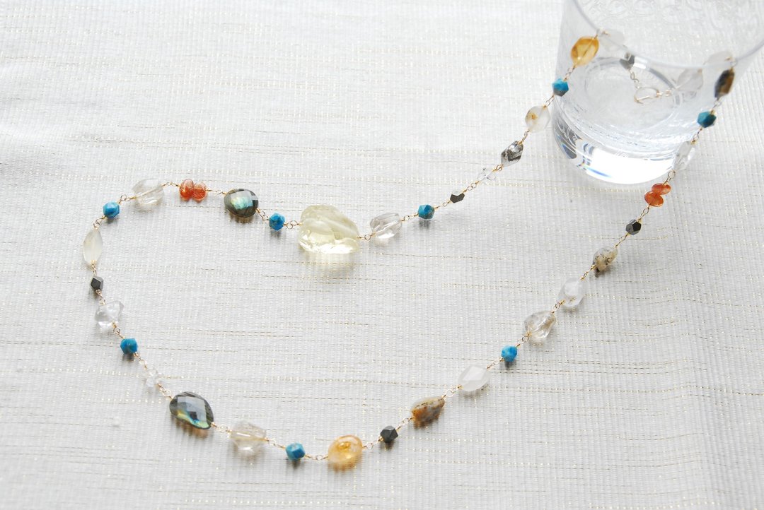 Rough rock lemon quartz and apatite, necklace using various Stone 14kgf - 项链 - 半宝石 多色