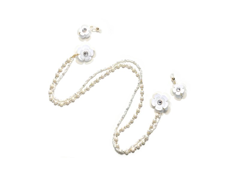 两用白色珍珠花花眼镜链连耳夹 - 挂绳/吊绳 - 珍珠 白色