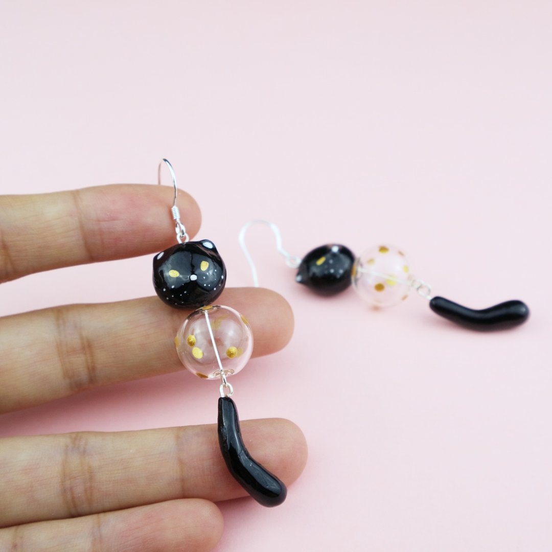 猫系少女饰品 手工趣味 可爱立体猫咪黑猫 玻璃球 动物耳环 - 耳环/耳夹 - 粘土 黑色