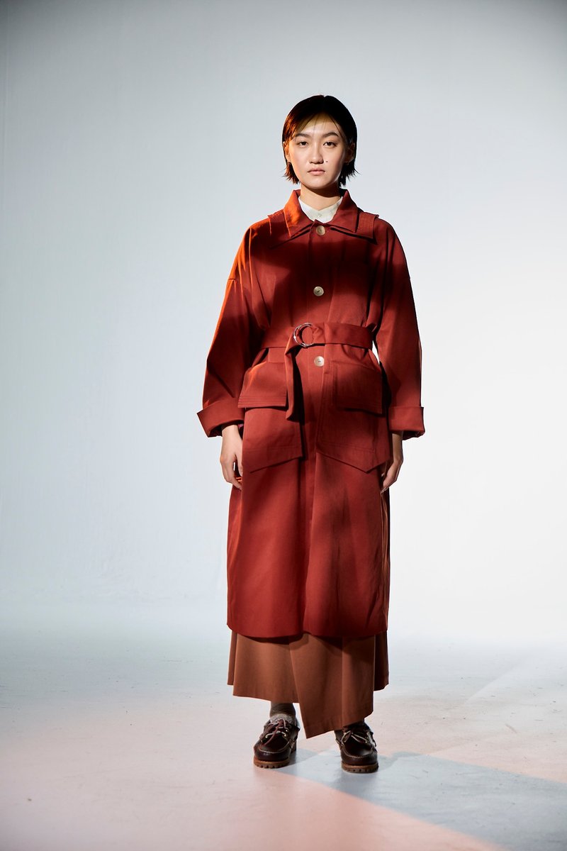 大口袋连帽大衣 - 女装休闲/机能外套 - 羊毛 红色