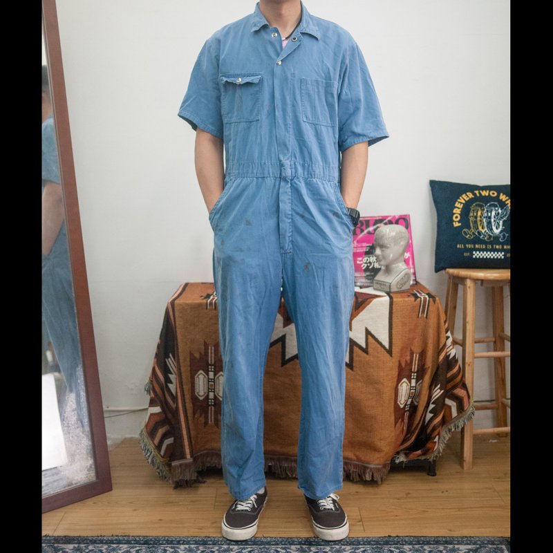 水蓝 旧化 短袖 连身工作服 COVERALLS 剪标品 古着 二手 - 男士长裤 - 棉．麻 蓝色