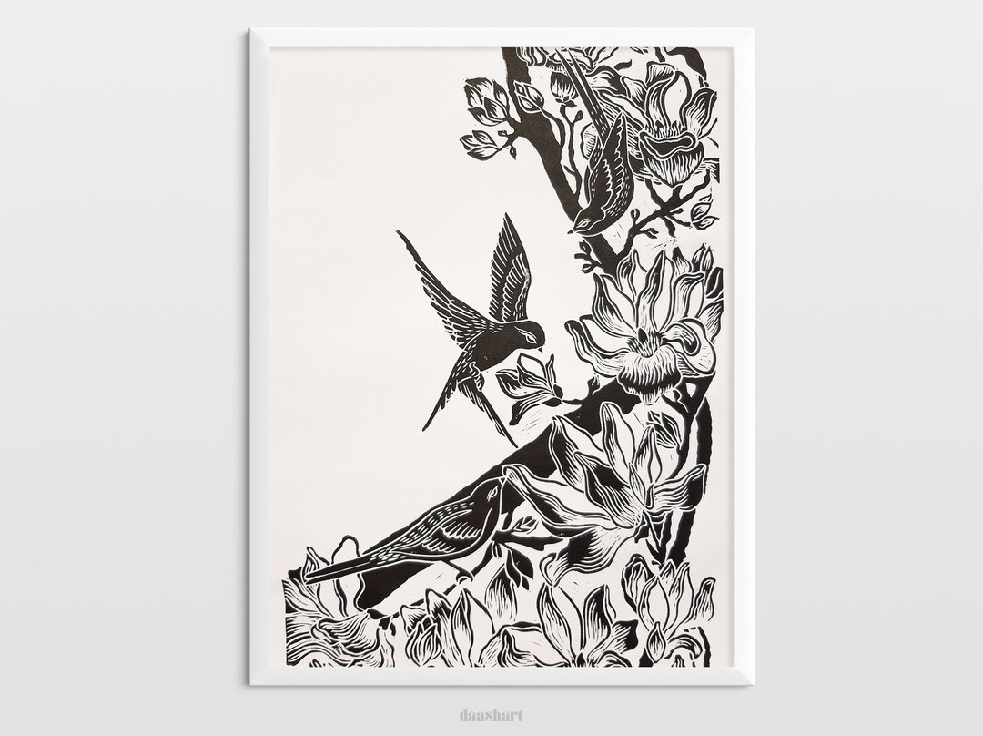 Magnolia flowers and birds wall art Linocut print Black botanical illustration - 海报/装饰画/版画 - 纸 黑色