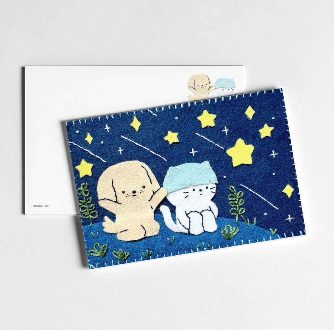 Stargazing Felt Art Print Postcard 狗狗猫猫仰望星空明信片 - 卡片/明信片 - 纸 