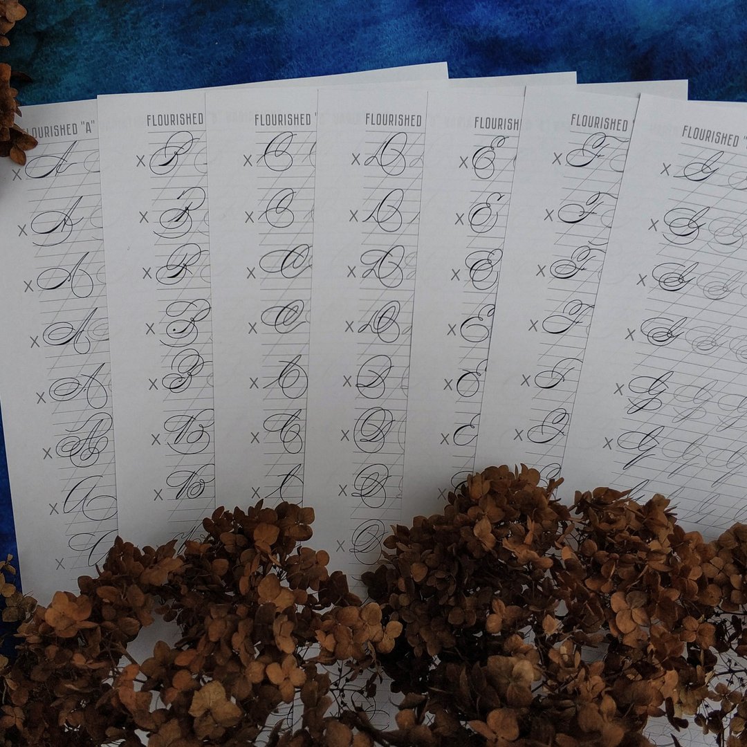Ornamental Penmanship Flourishes of Capitals Printable PDF Calligraphy Worksheet - 电子书/杂志 - 纸 