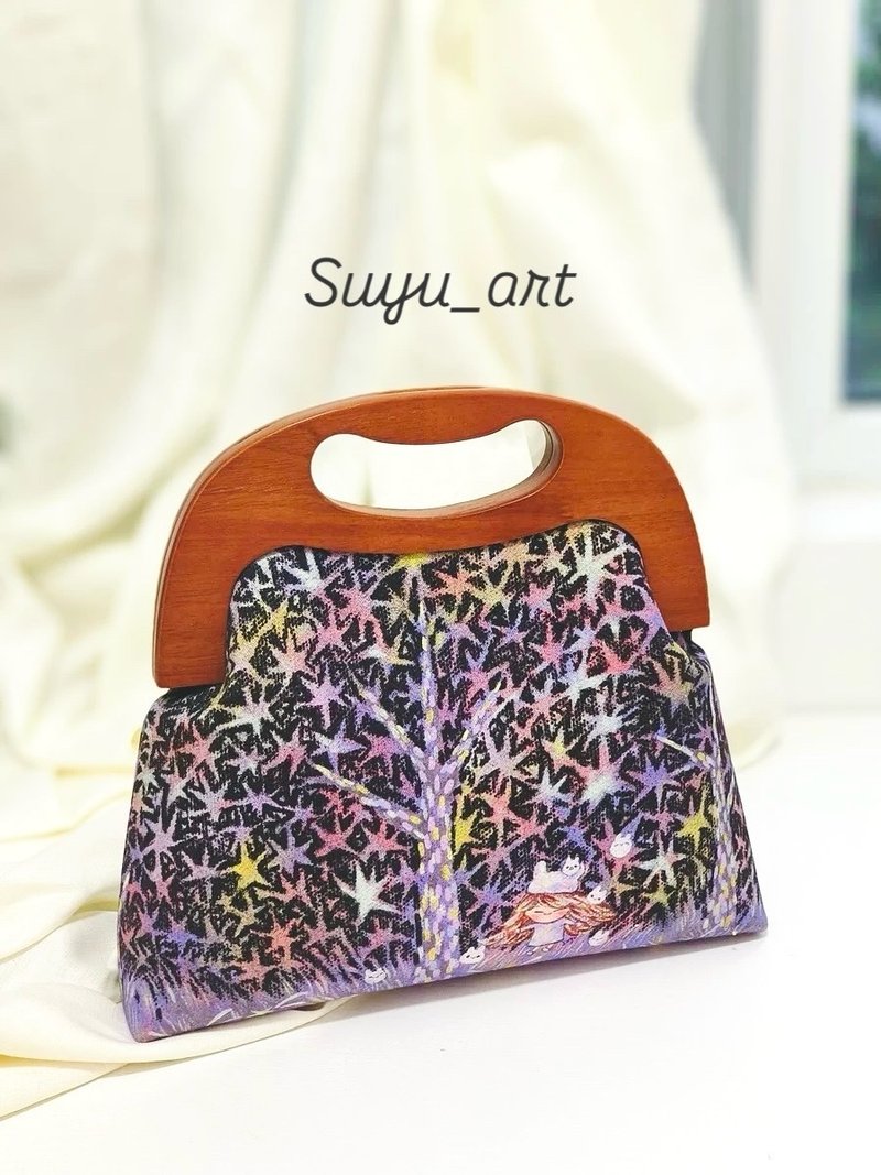 suyu插画 木质手柄 两用口金包-收集星星的路上系列 - 侧背包/斜挎包 - 其他材质 粉红色