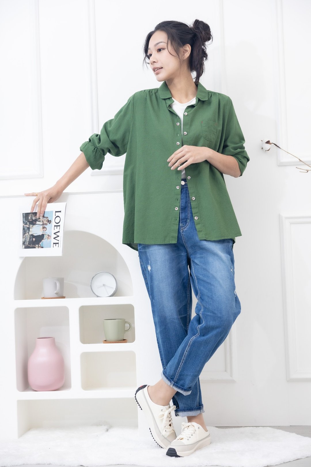 肩膀抓皱开襟棉衬衫 军绿色 - 女装衬衫 - 其他材质 绿色