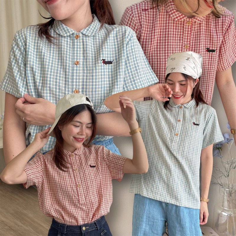 腊肠狗系列 Lulu Shirt : Dachshund Collections - 女装衬衫 - 棉．麻 蓝色