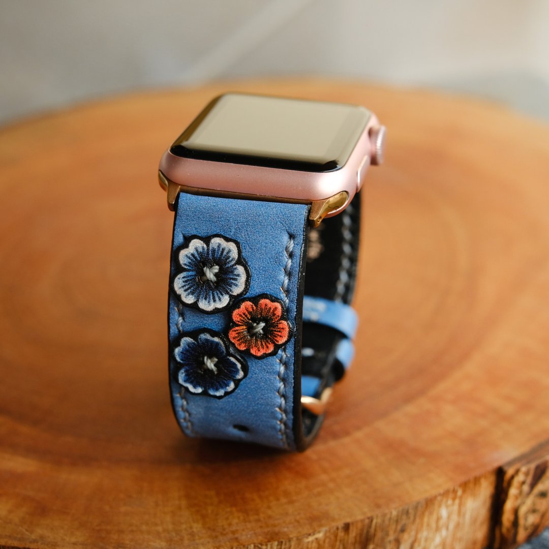 Apple Watch Band 38mm 42mm, HandStitched Handmade, Series 3 - 表带 - 真皮 蓝色