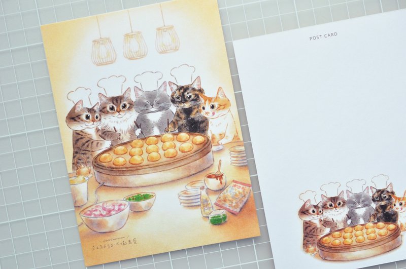 猫咪插画明信片-章鱼烧好朋友 - 卡片/明信片 - 纸 绿色