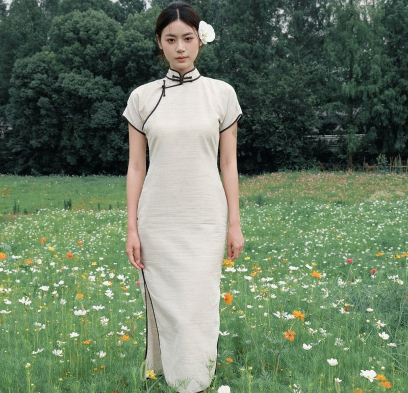 【既白】新中式复古中国风/天丝亚麻/一片式旗袍 - 旗袍 - 丝．绢 白色