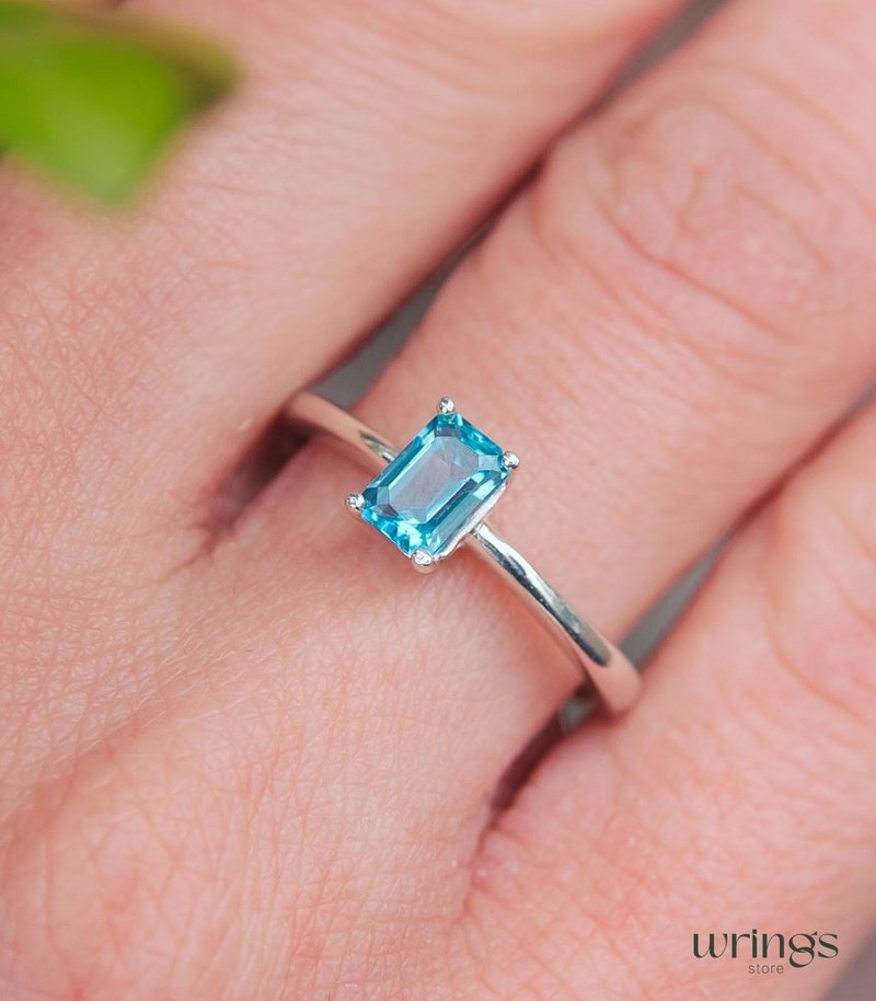垂直单钻瑞士 topaz 戒指 纤细银戒环 - 戒指 - 纯银 蓝色