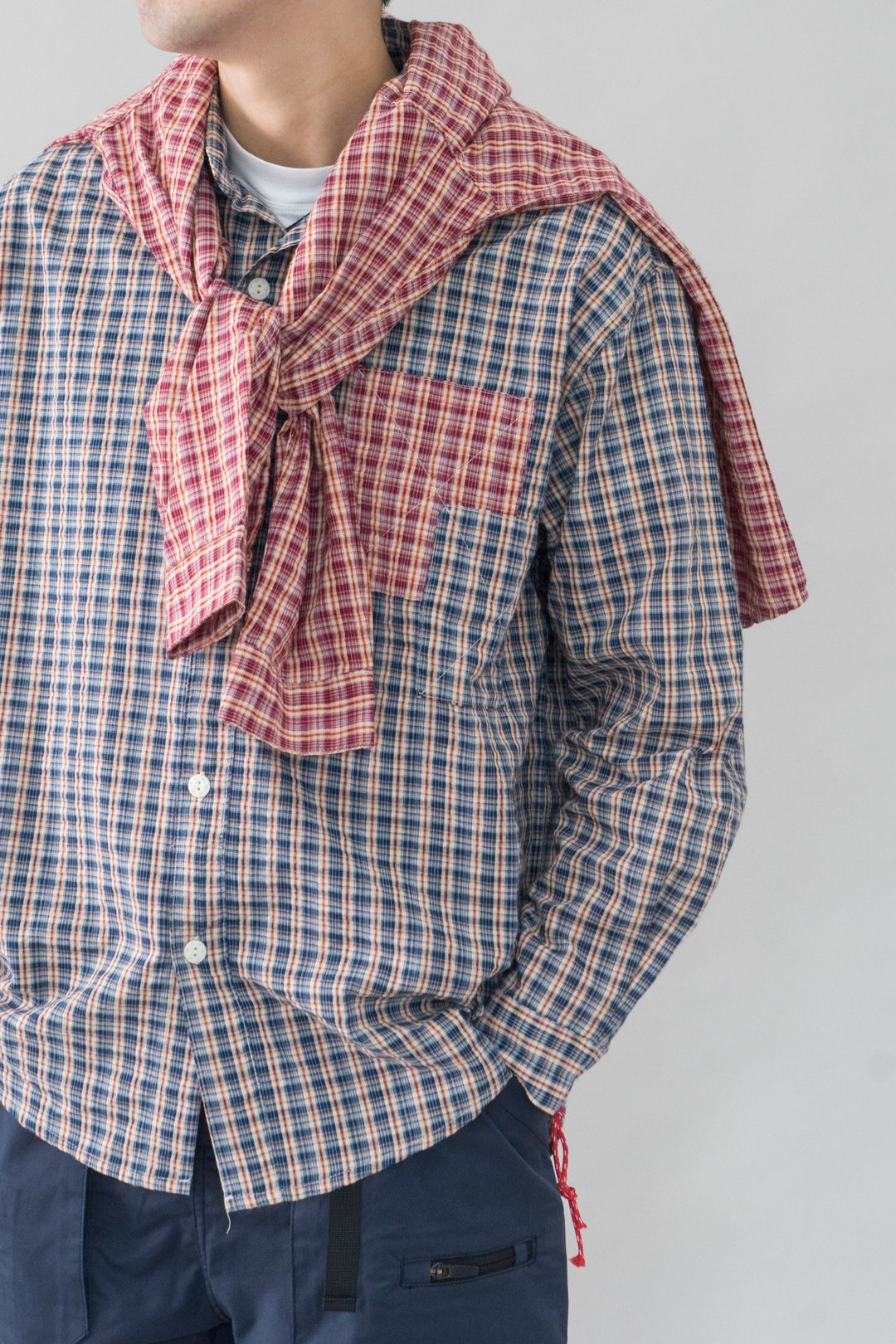 Patchwork Shirt 復古格仔拼接撞色襯衫 特別輕柔皺褶質感 - 男装衬衫 - 棉 多色
