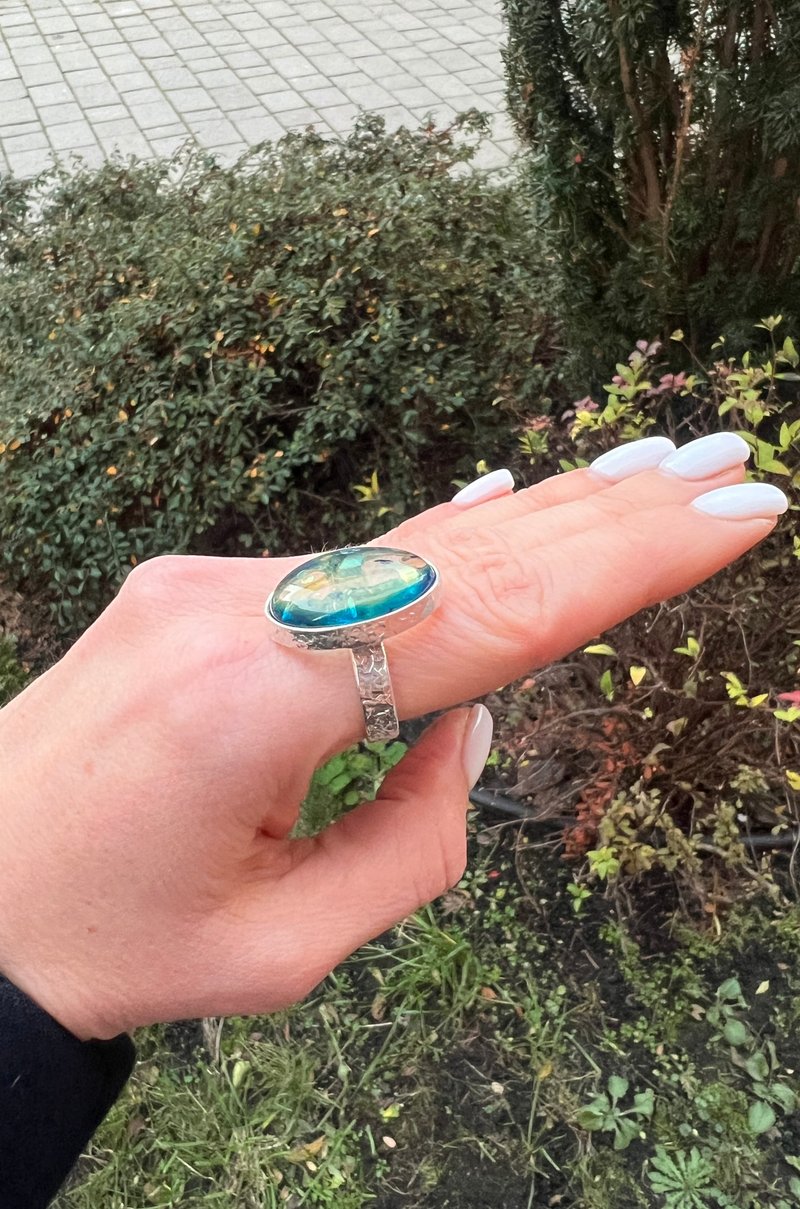 独一无二的乌克兰蓝琥珀宝石戒指 银质工匠设计 - 戒指 - 半宝石 蓝色