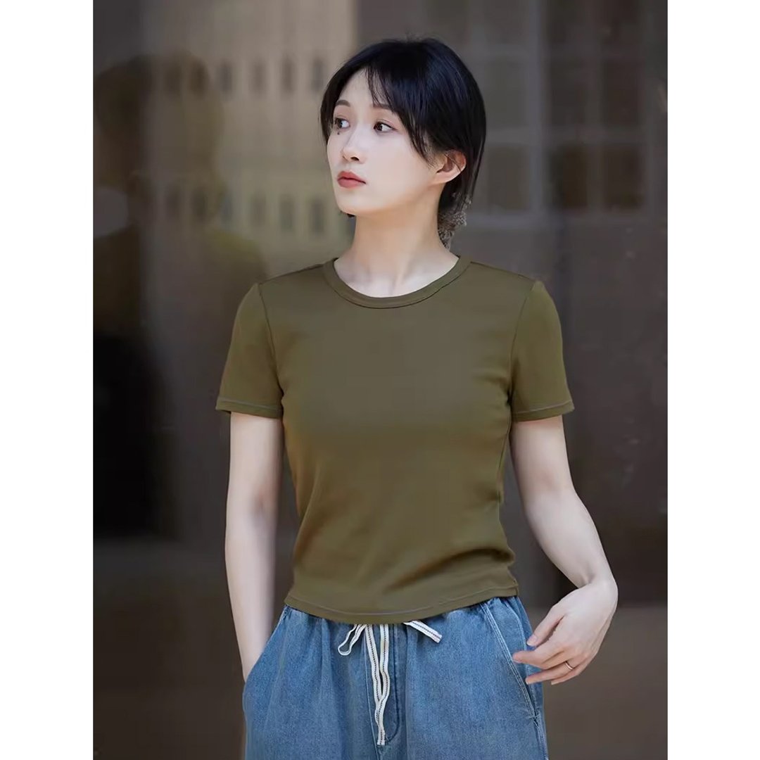 苔藓橄榄绿罗纹布透气显瘦圆领T恤 - 女装 T 恤 - 棉．麻 