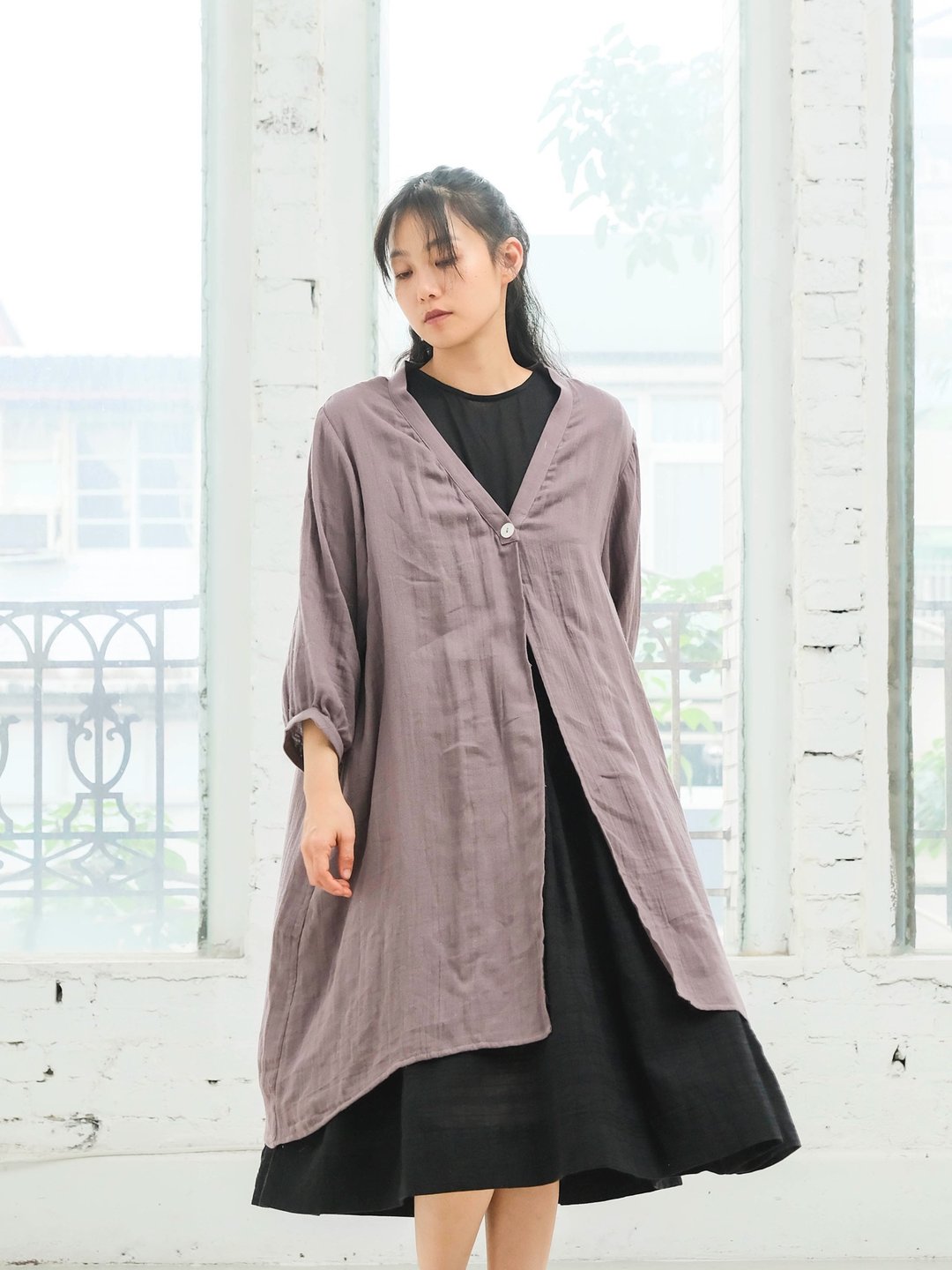OMAKE 澎袖抓褶单扣外套 / 双层纱 紫檀 - 女装休闲/机能外套 - 棉．麻 咖啡色