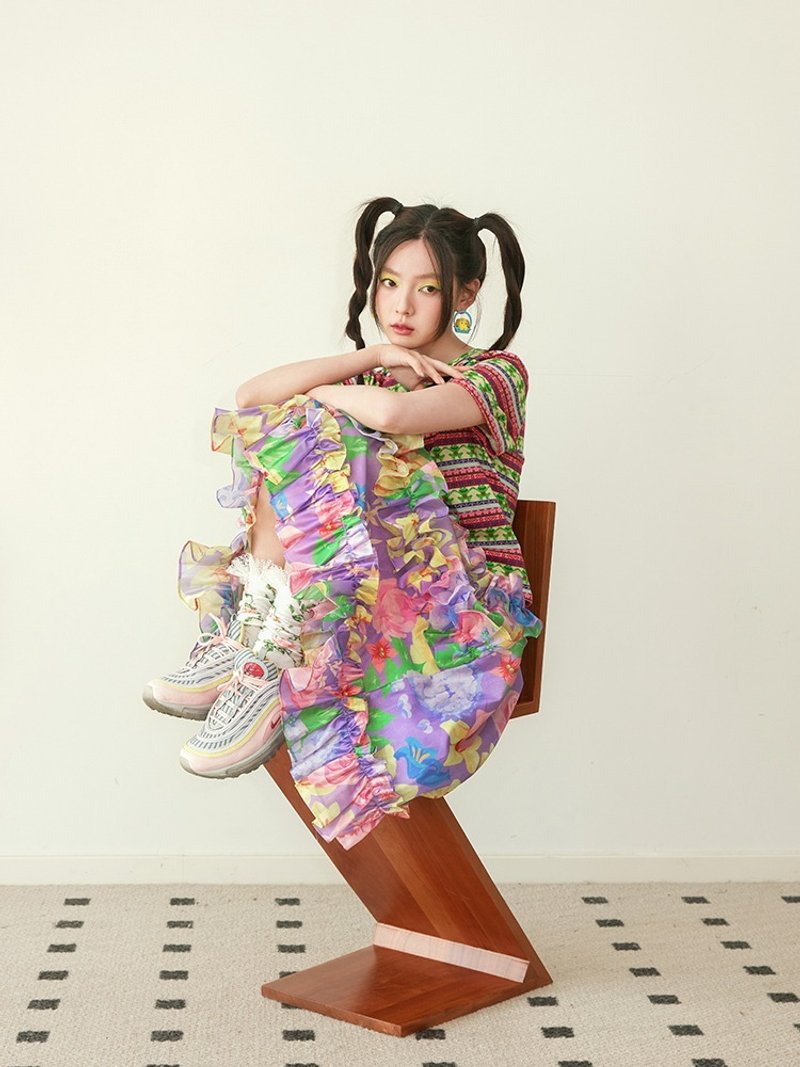 展示品 紫色花卉蕾丝裙 微亮片 A 字伞裙 - 裙子 - 聚酯纤维 紫色