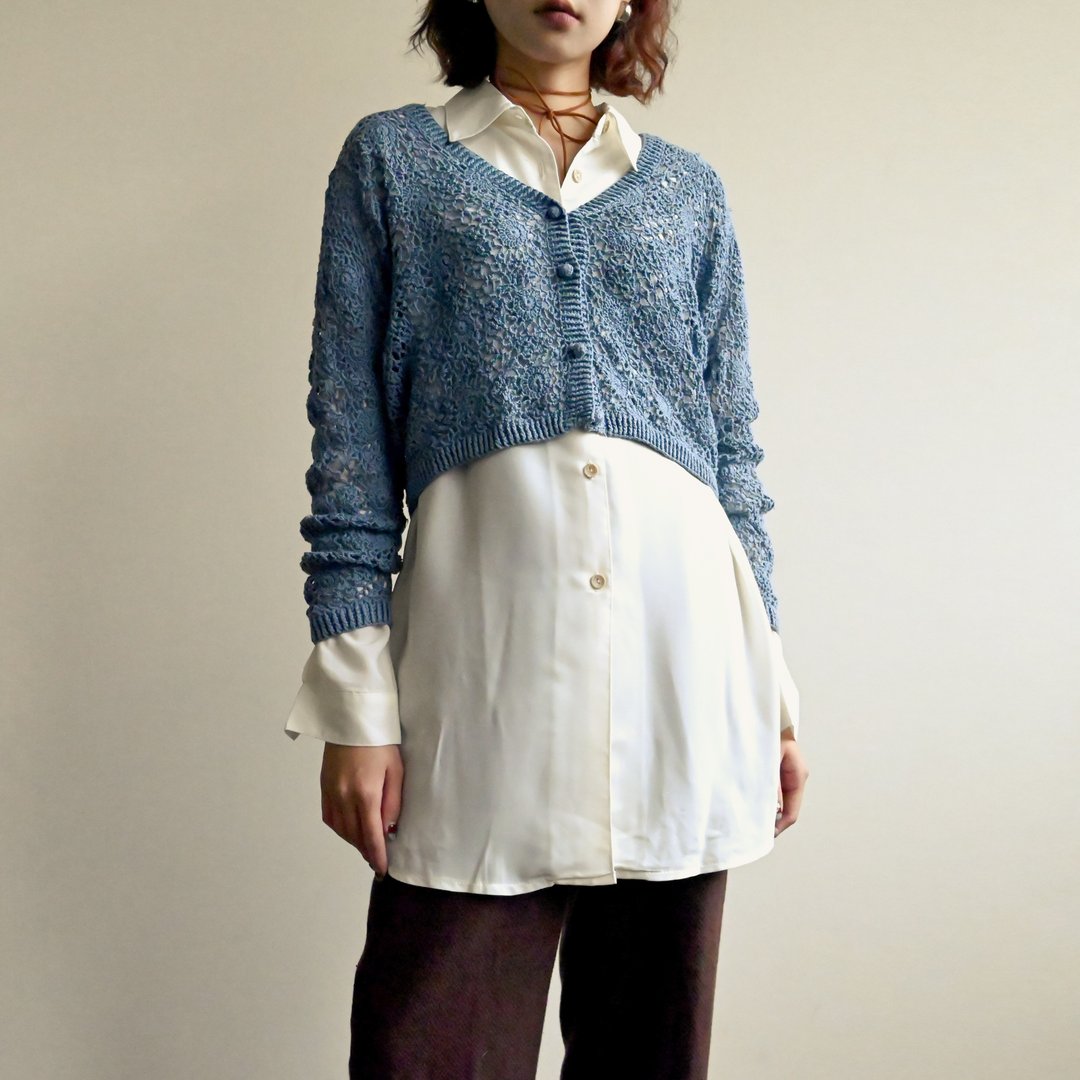 【NaSuBi Vintage】细致镂空织花棉质古着针织上衣 - 女装针织衫/毛衣 - 棉 蓝色