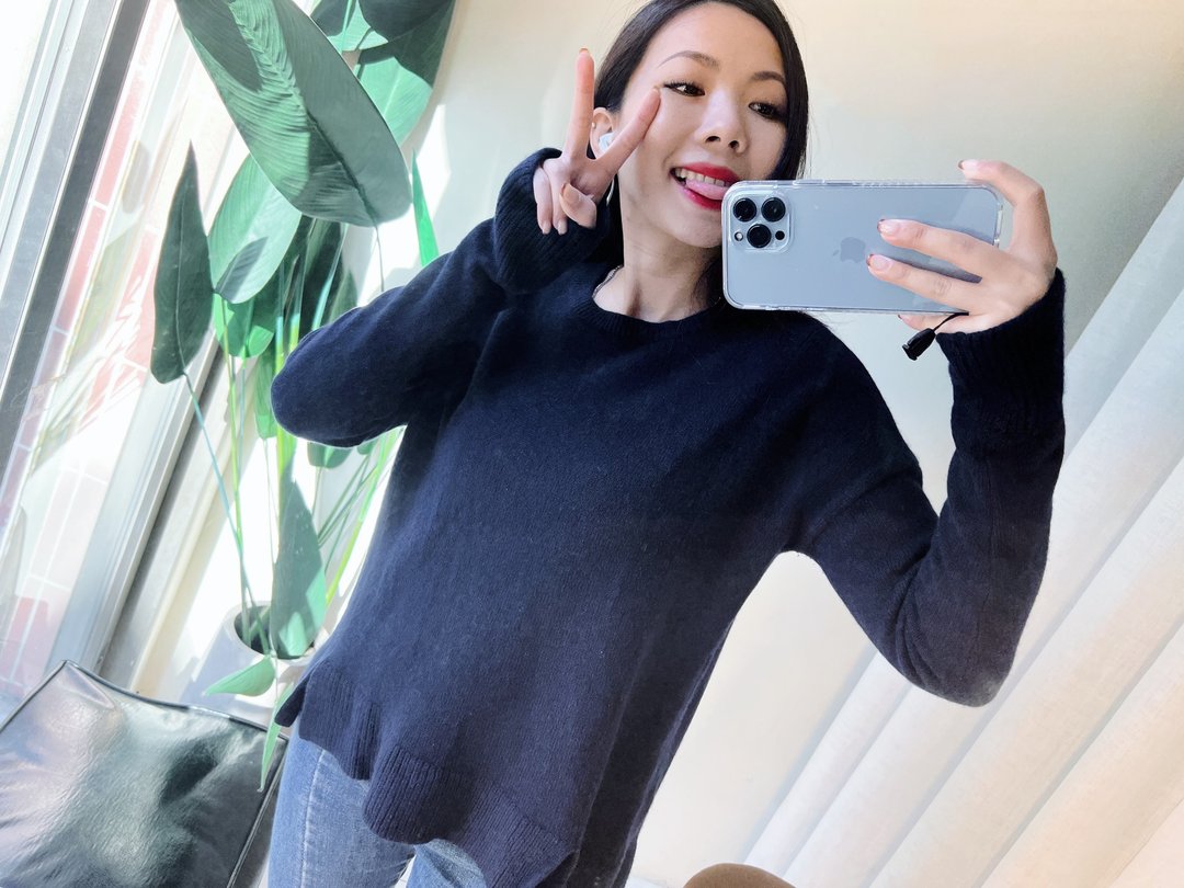 深黑蓝前短后长开叉造型 古董羊绒羊毛衣毛衫 cashmere sweater - 女装针织衫/毛衣 - 羊毛 蓝色