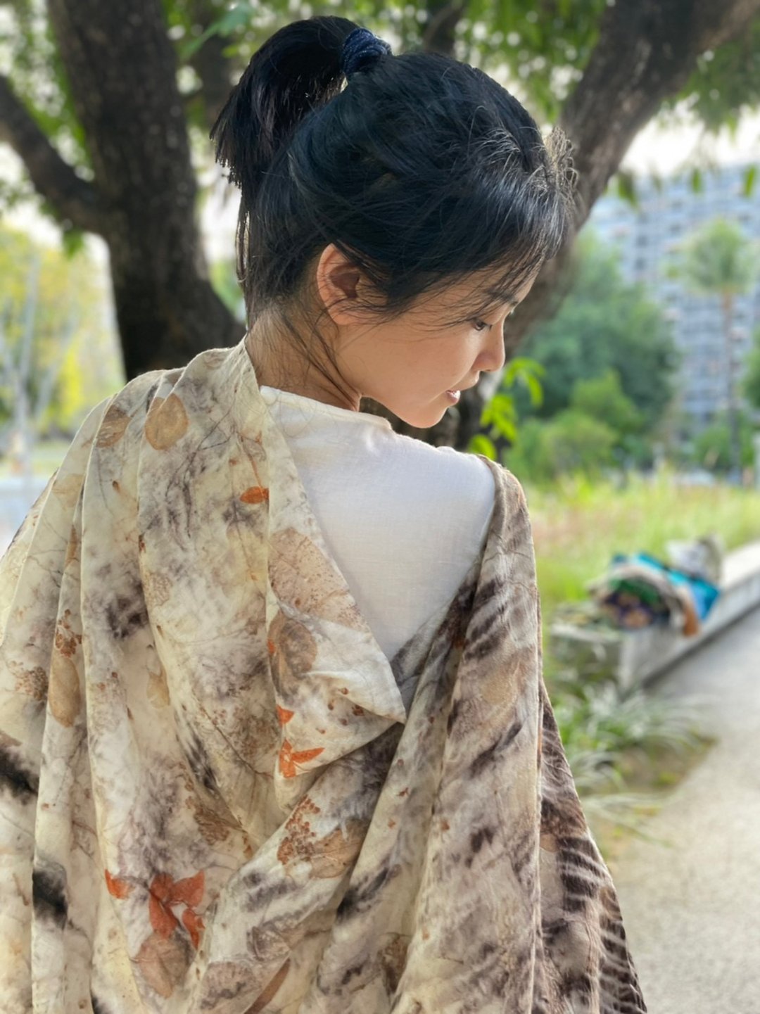 侘寂风 花叶移印 自然感羊毛围巾 - 围巾/披肩 - 羊毛 橘色