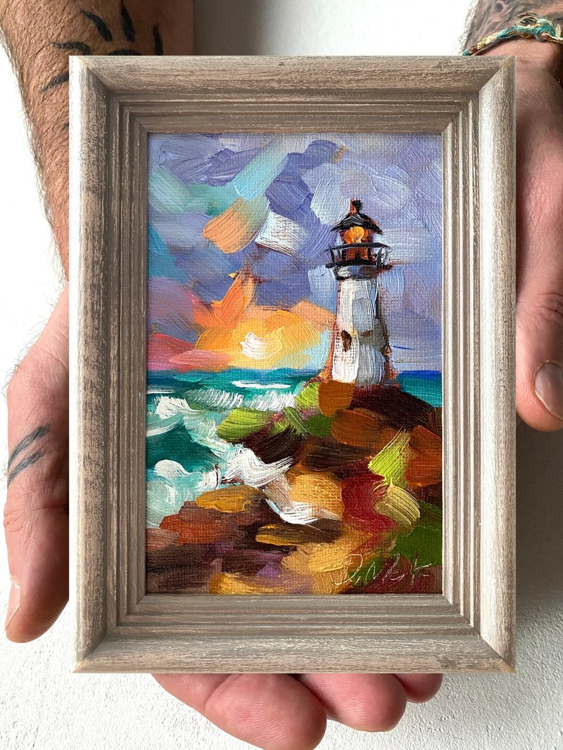 灯塔油画原创海景画厚涂小幅艺术品海洋海岸壁画 - 墙贴/壁贴 - 木头 